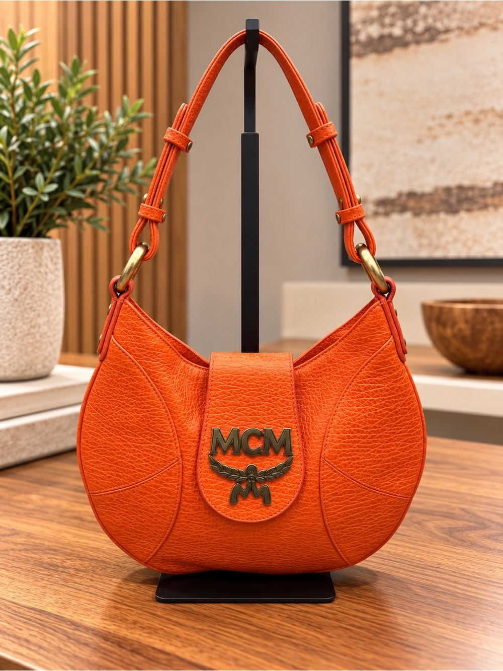 MCM Orange Pebbled Leather Shoulder Bag with Gold Logo